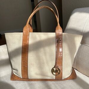Michael Kors tote bag- beige/khaki fabric with brown accents